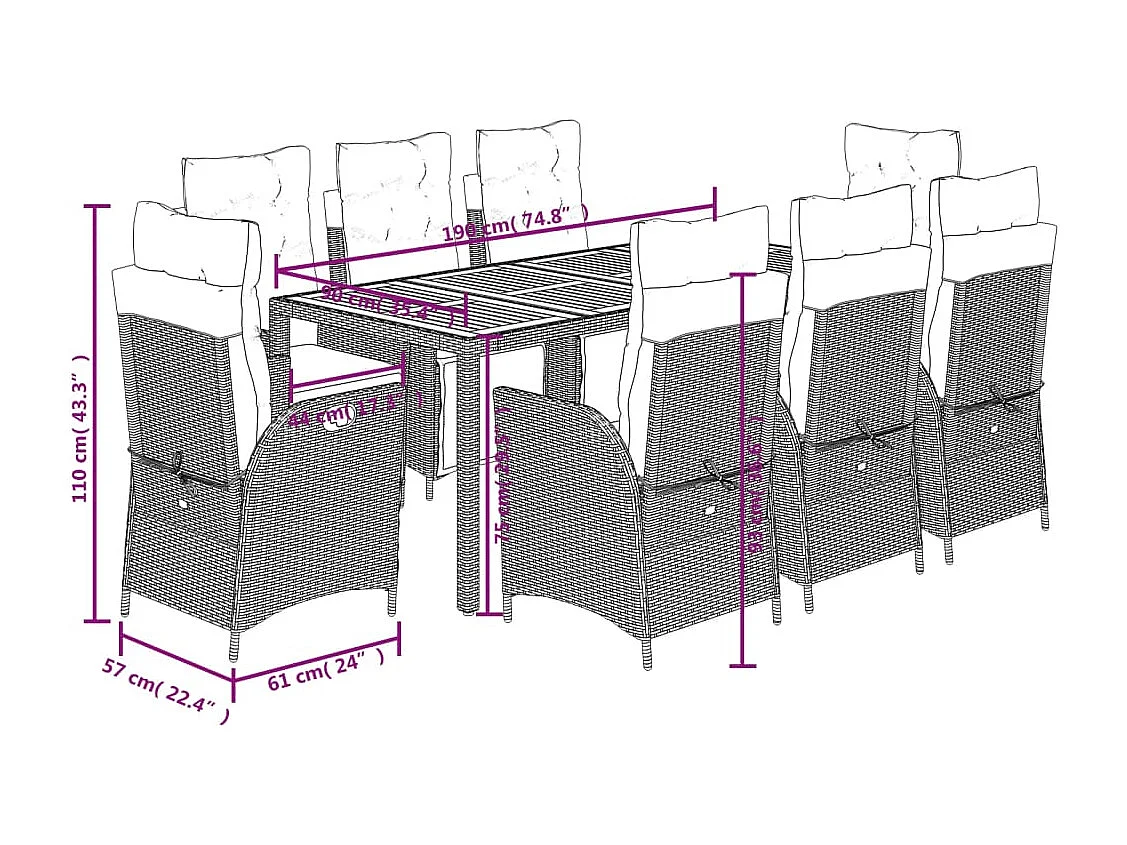 Set de comedor de jardín 9 piezas y cojines ratán sintético negro