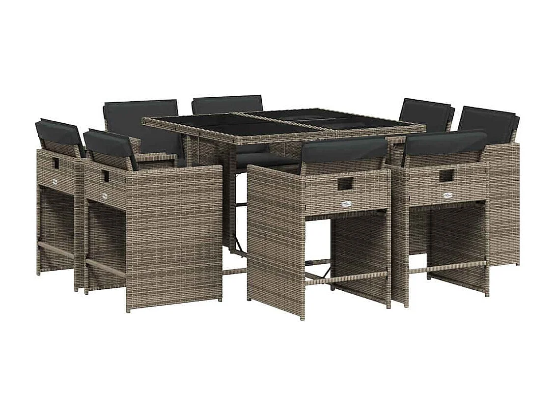 Set comedor jardín 9 piezas y cojines ratán sintético gris