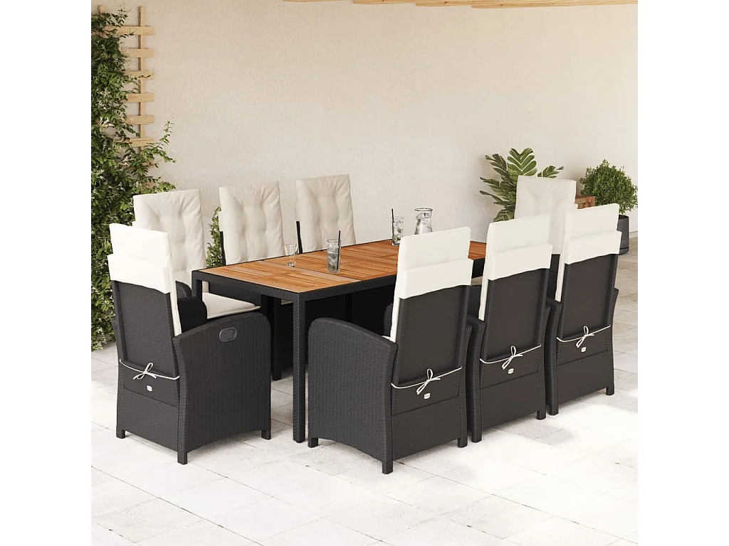 Ensemble à manger de jardin 9 pièces coussins noir résine tressée