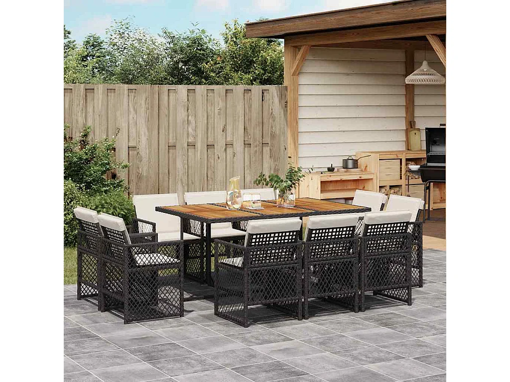 Set de comedor jardín 11 piezas con cojines ratán sintético negro