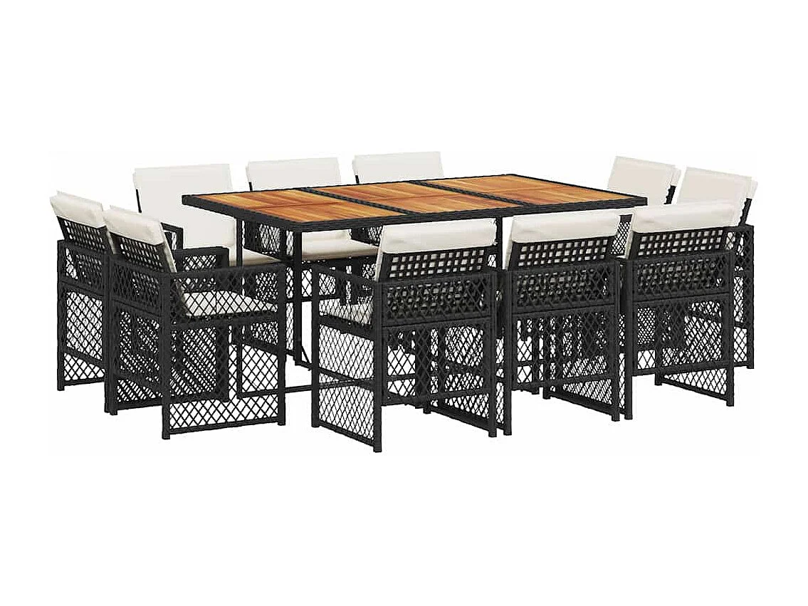 Set de comedor jardín 11 piezas con cojines ratán sintético negro