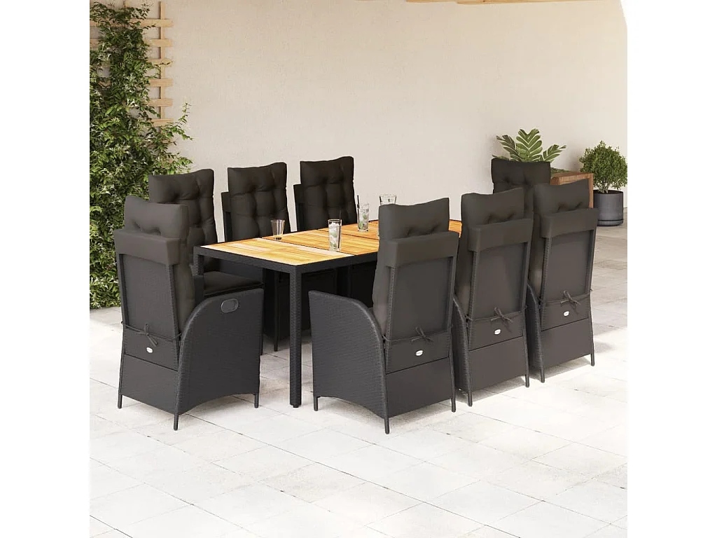 Set de comedor de jardín 9 piezas y cojines ratán sintético negro