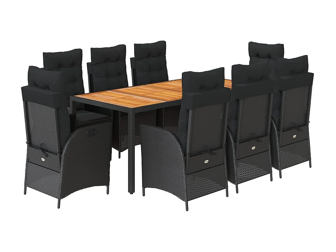 Set de comedor de jardín 9 piezas y cojines ratán sintético negro