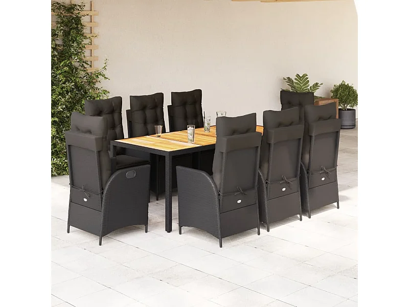 Set de comedor de jardín 9 piezas y cojines ratán sintético negro