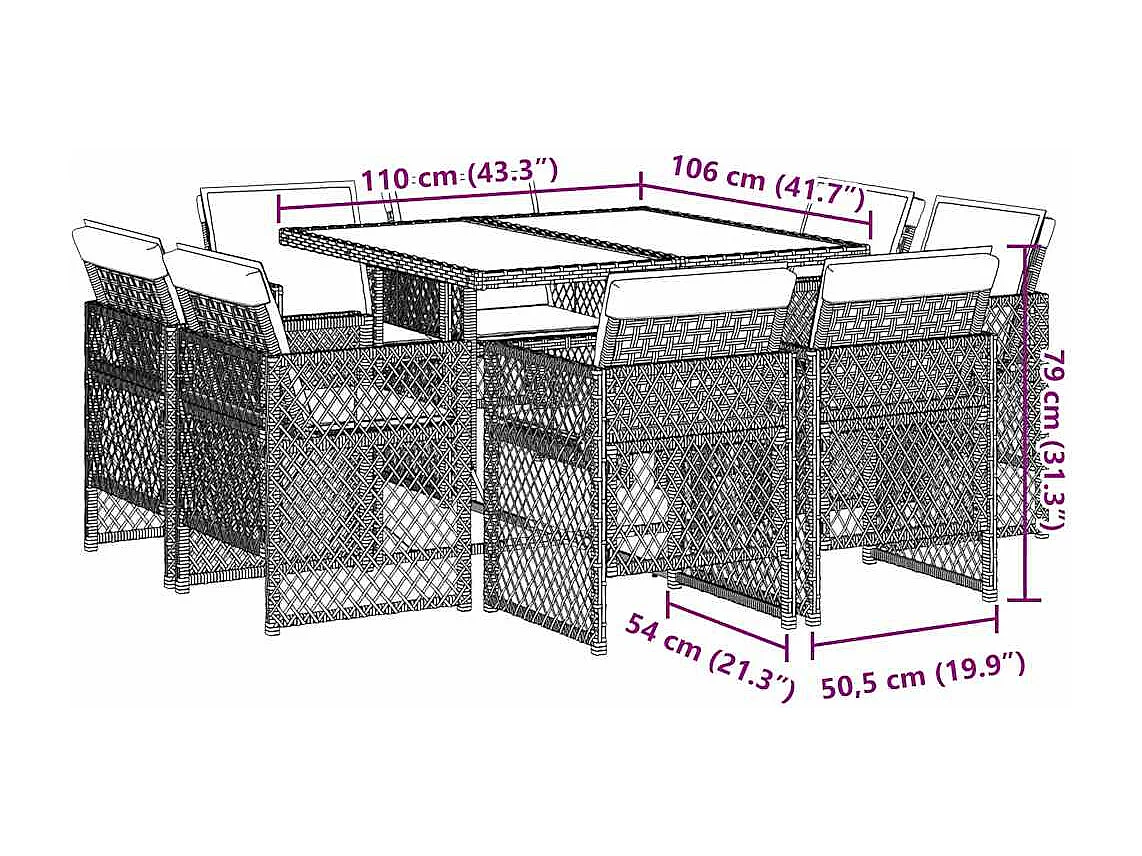 Set comedor jardín 9 piezas y cojines ratán sintético gris