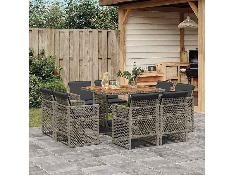 Set comedor jardín 9 piezas y cojines ratán sintético gris