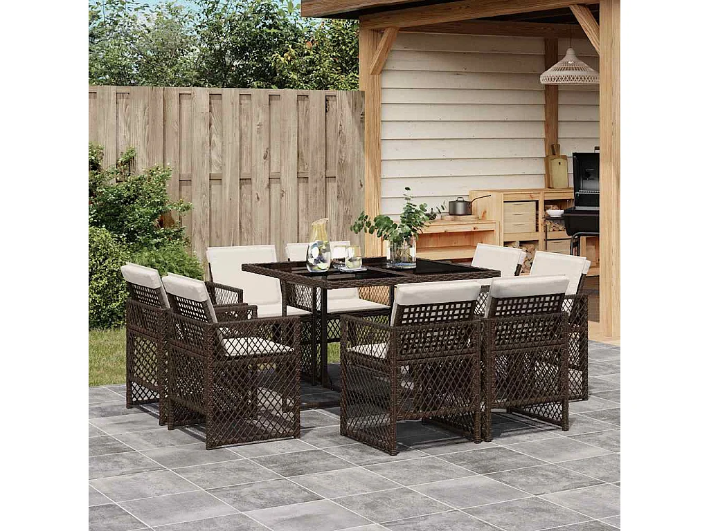 Set comedor para jardín 9 piezas y cojines ratán sintético marrón