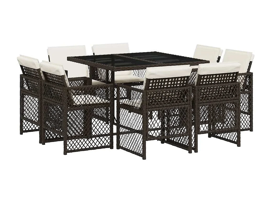 Set comedor para jardín 9 piezas y cojines ratán sintético marrón