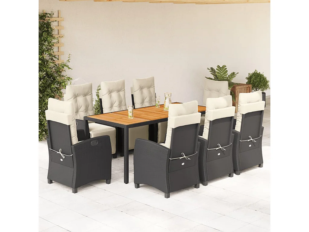 Ensemble à manger de jardin 9 pièces coussins noir résine tressée