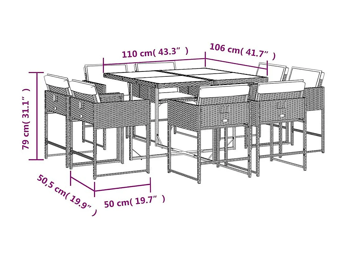 Set comedor jardín 9 piezas y cojines ratán sintético gris