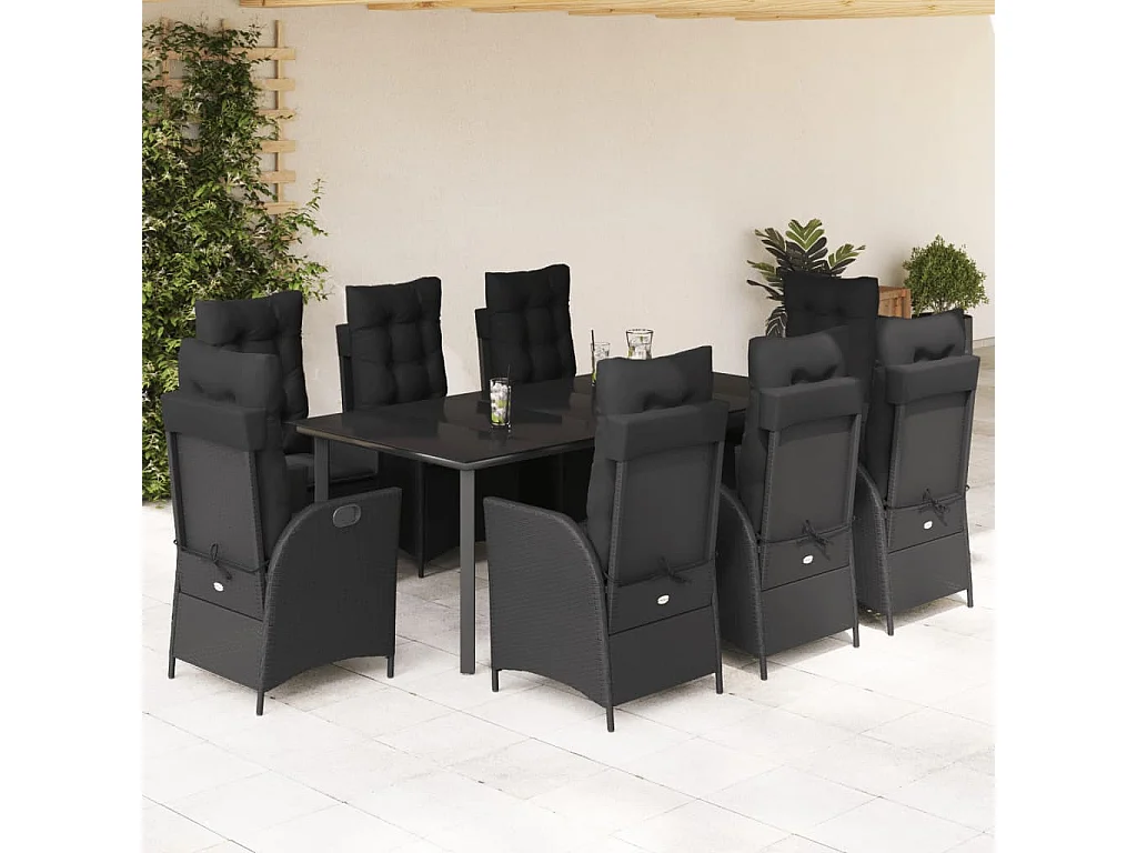 Ensemble à manger de jardin 9 pièces coussins noir résine tressée