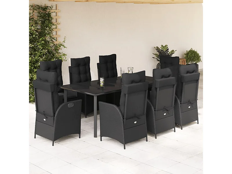 Ensemble à manger de jardin 9 pièces coussins noir résine tressée