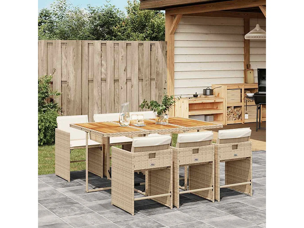 Ensemble à manger de jardin et coussins 7 pièces beige poly rotin
