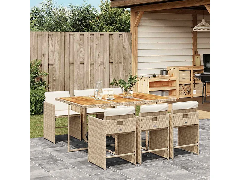Ensemble à manger de jardin et coussins 7 pièces beige poly rotin