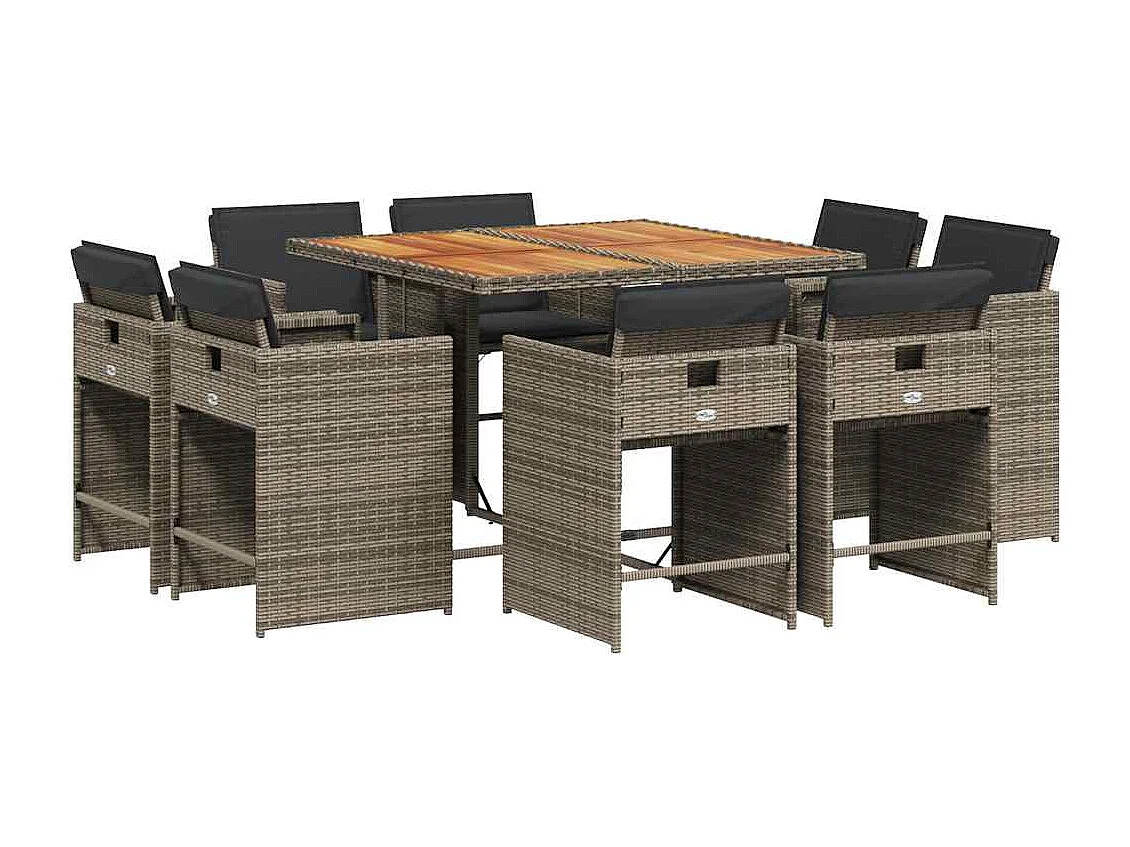 Set comedor jardín 9 piezas y cojines ratán sintético gris