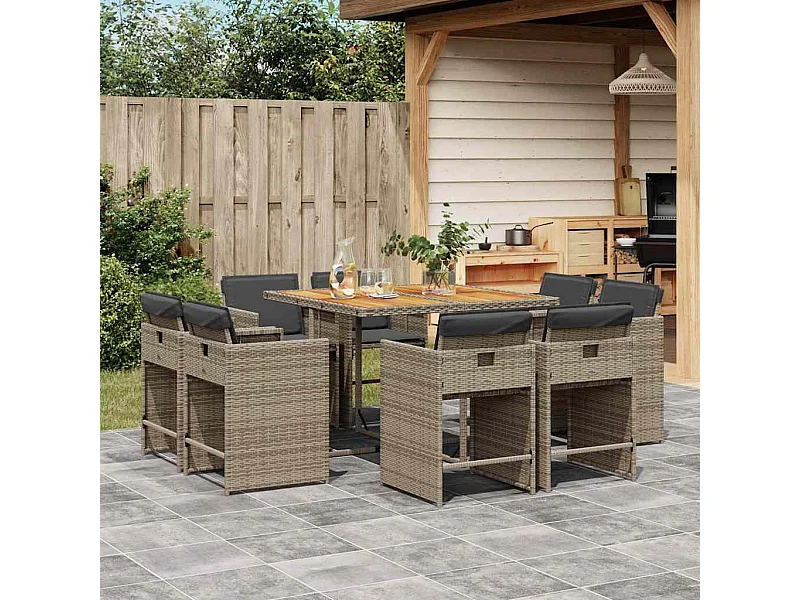 Set comedor jardín 9 piezas y cojines ratán sintético gris