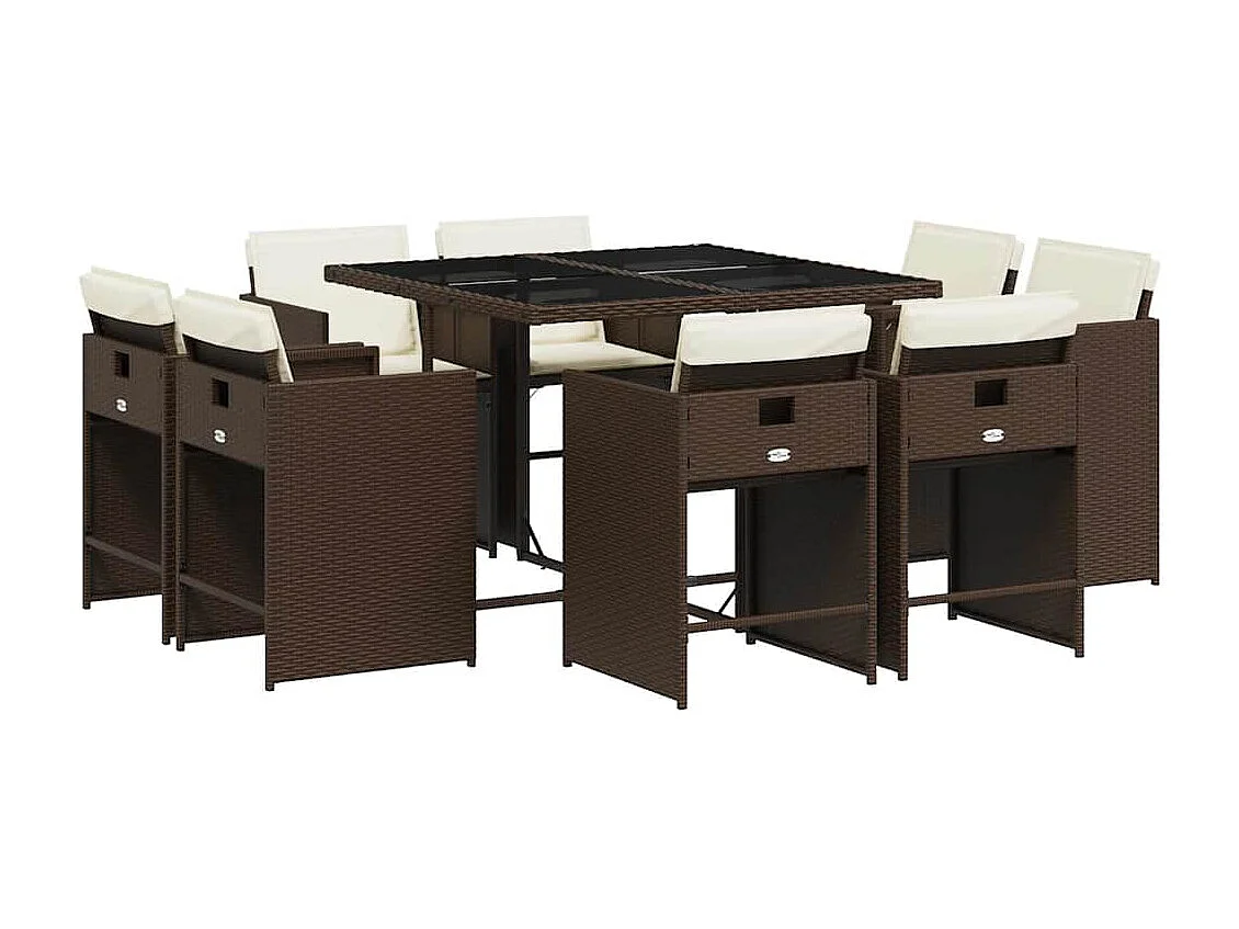Set comedor para jardín 9 piezas y cojines ratán sintético marrón