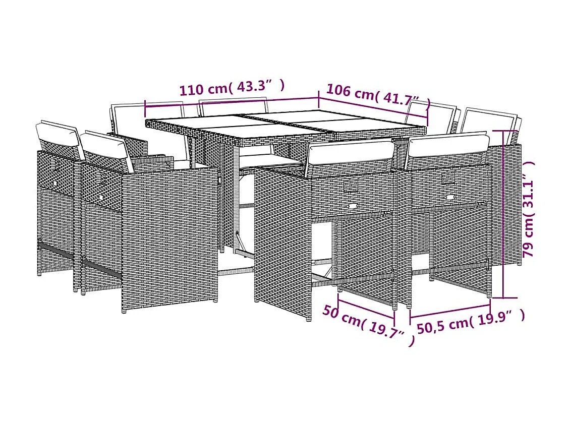 Set comedor para jardín 9 piezas y cojines ratán sintético marrón