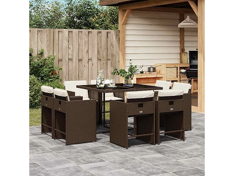 Set comedor para jardín 9 piezas y cojines ratán sintético marrón