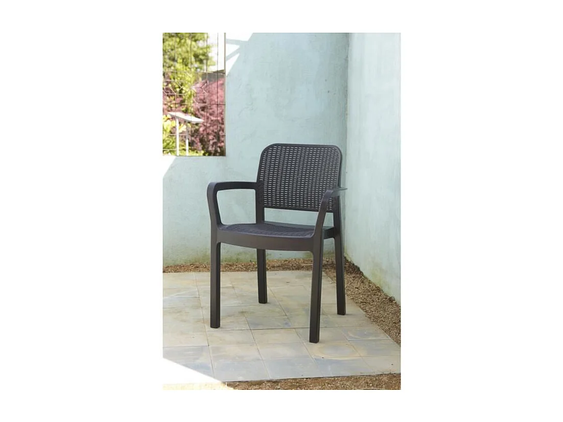 Set mit 6 Stapelstühlen Allibert Samanna Graphitgrau aus Harz in Rattanoptik mit Armlehnen