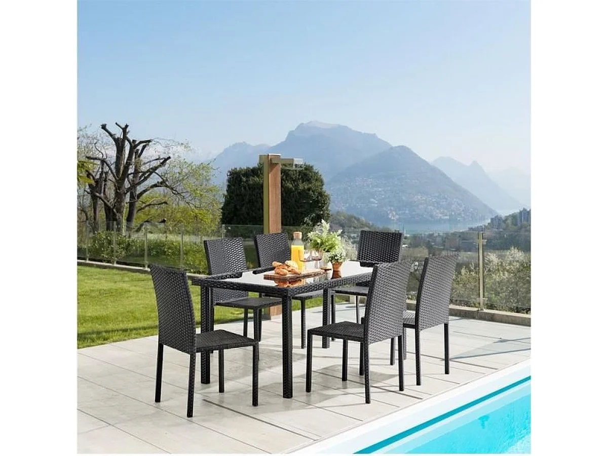 Tuin eettafelset AKELA 6 personen zwarte gevlochten hars met gehard glas tafel 160x80 cm