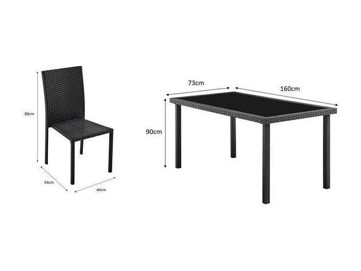 Tuin eettafelset AKELA 6 personen zwarte gevlochten hars met gehard glas tafel 160x80 cm