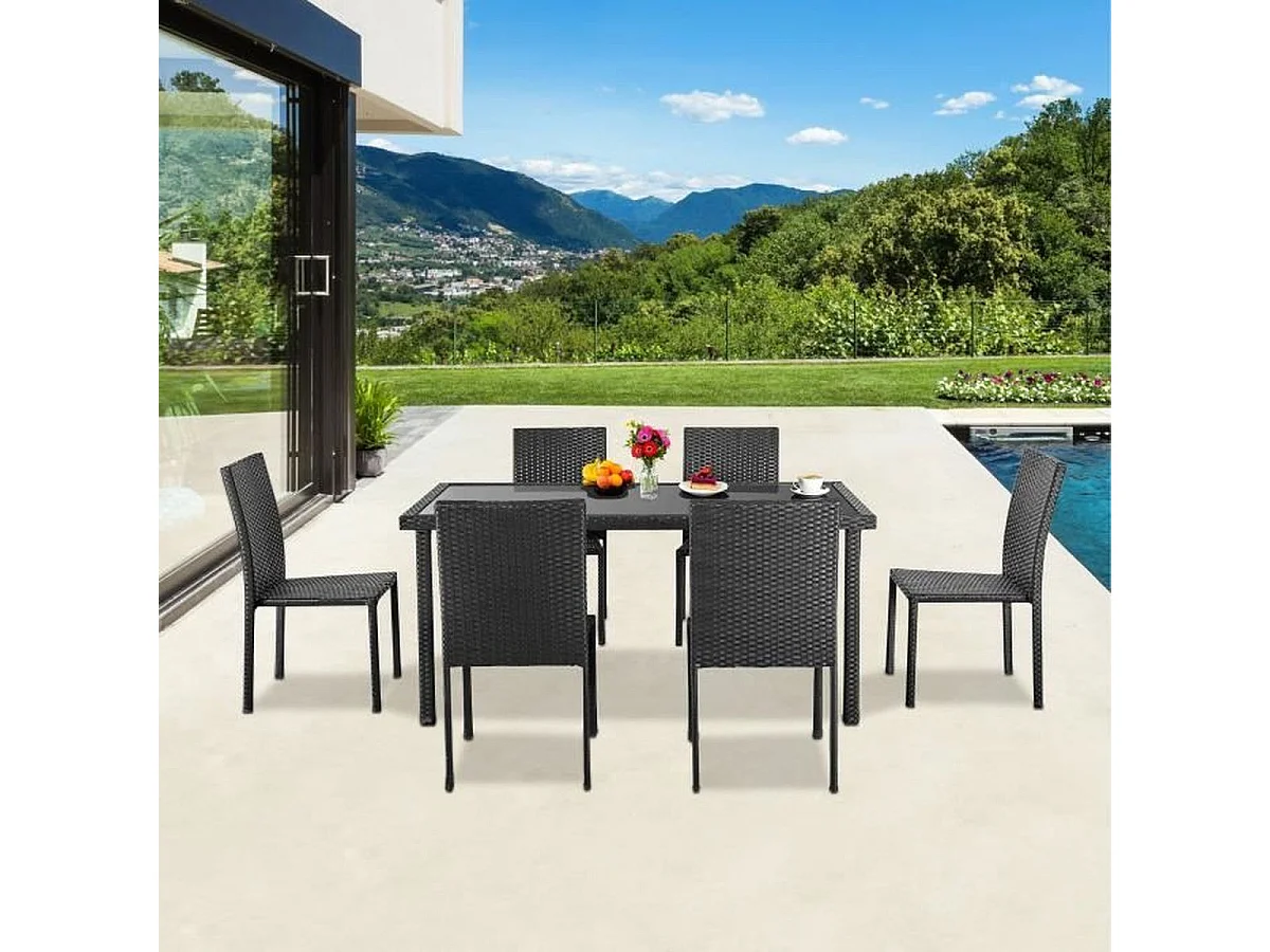 Tuin eettafelset AKELA 6 personen zwarte gevlochten hars met gehard glas tafel 160x80 cm