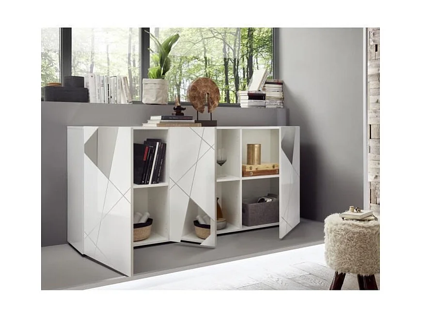 Buffet VICTORY 3 Portes Blanc Laqué brillant avec serigraphie miroir L181 Cm