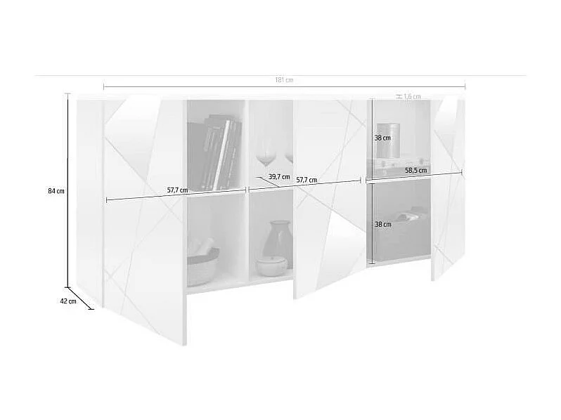 Buffet VICTORY 3 Portes Blanc Laqué brillant avec serigraphie miroir L181 Cm