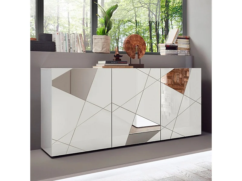 Buffet VICTORY 3 Portes Blanc Laqué brillant avec serigraphie miroir L181 Cm