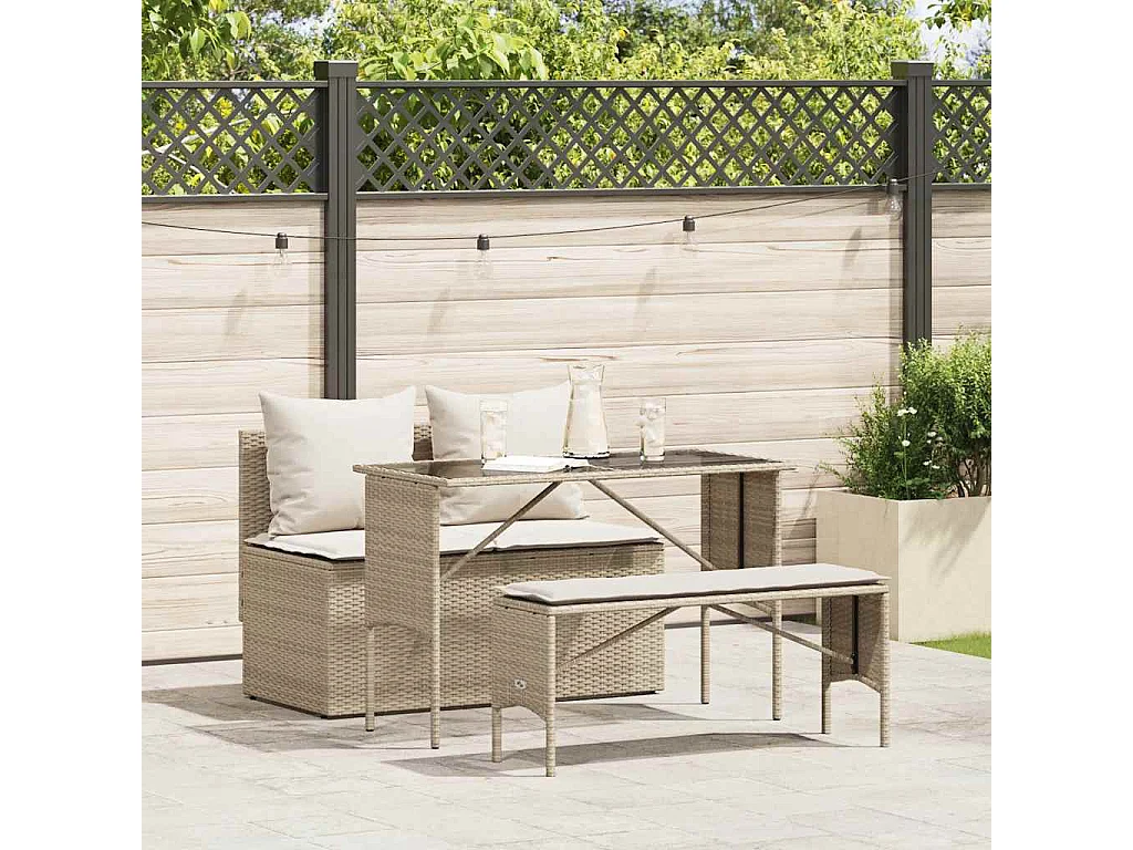 Ensemble à manger de jardin et coussins 3 pièces Beige poly rotin