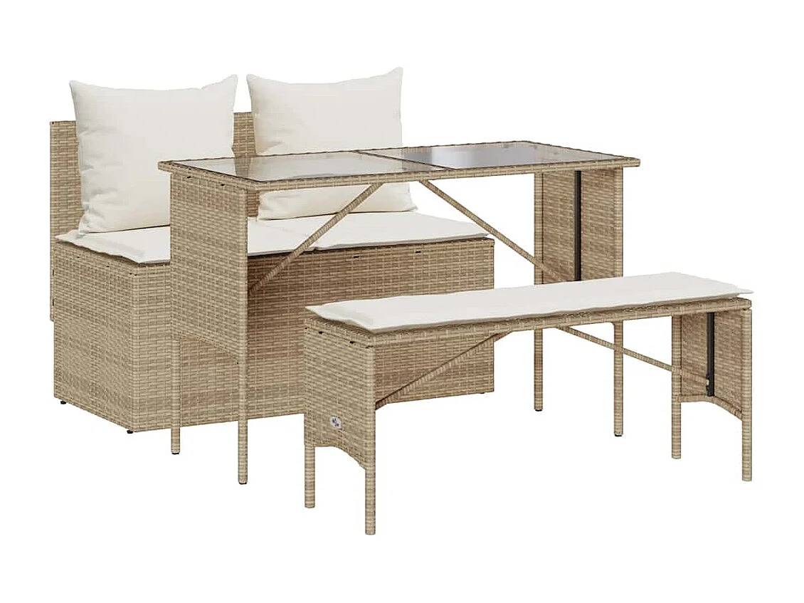 Ensemble à manger de jardin et coussins 3 pièces Beige poly rotin