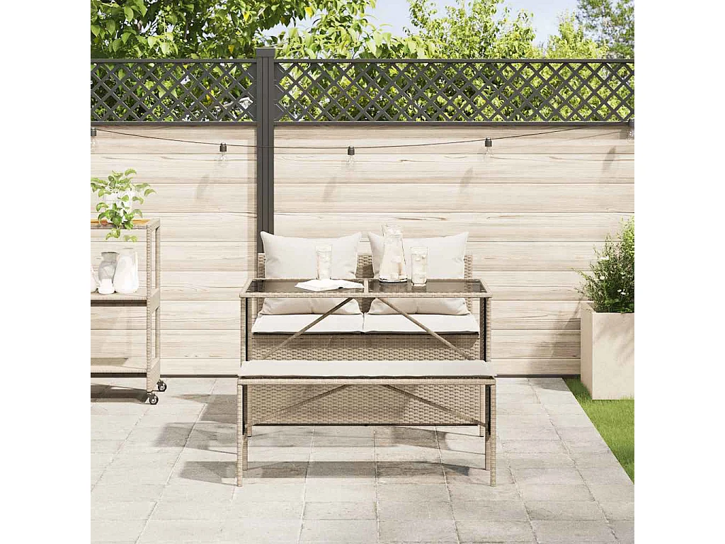Ensemble à manger de jardin et coussins 3 pièces Beige poly rotin