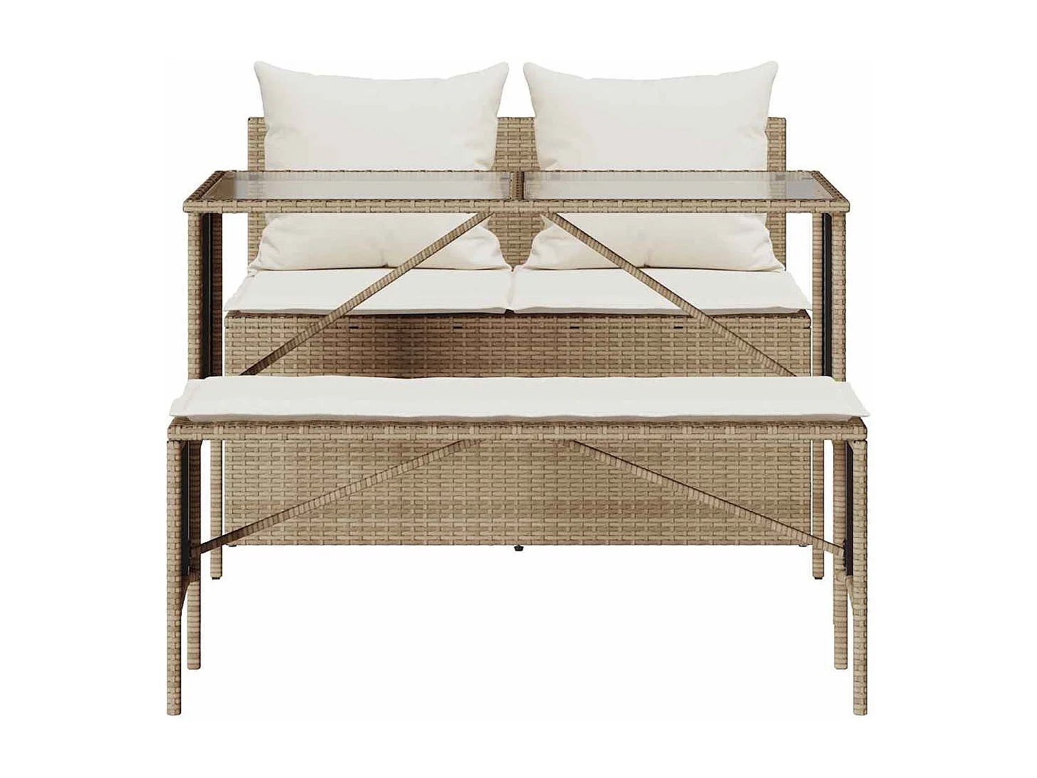 Ensemble à manger de jardin et coussins 3 pièces Beige poly rotin