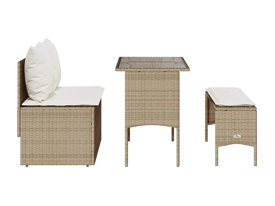 Ensemble à manger de jardin et coussins 3 pièces Beige poly rotin