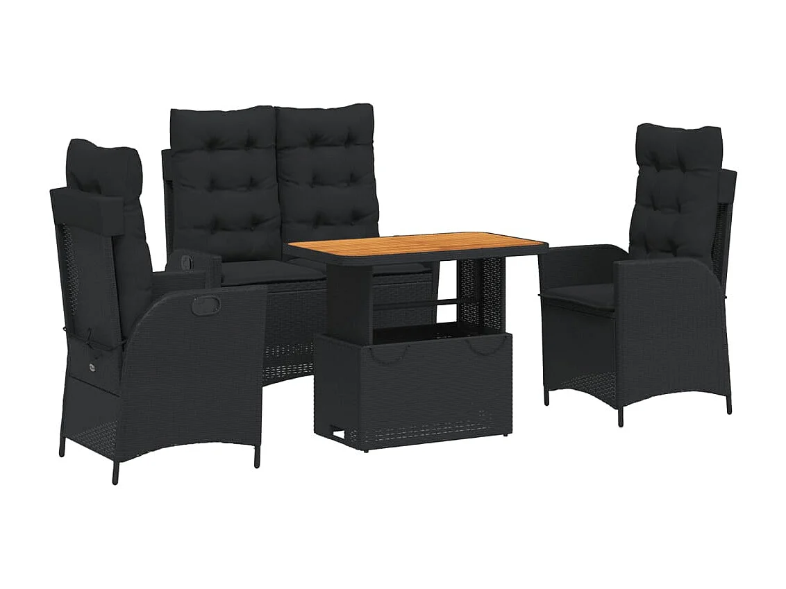 Juego comedor jardín 4 piezas con cojines ratán sintético negro