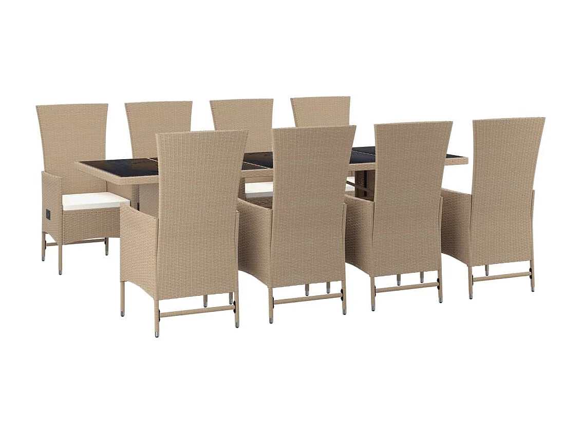 Ensemble à manger de jardin et coussins 9 pièces beige Poly rotin