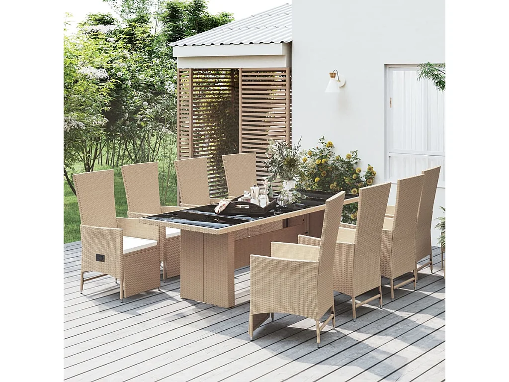 Ensemble à manger de jardin et coussins 9 pièces beige Poly rotin
