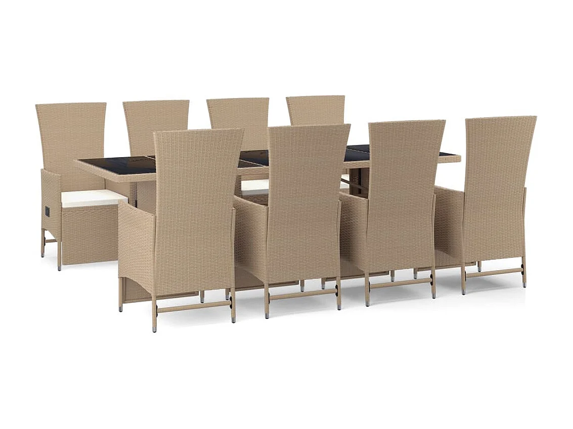 Ensemble à manger de jardin et coussins 9 pièces beige Poly rotin