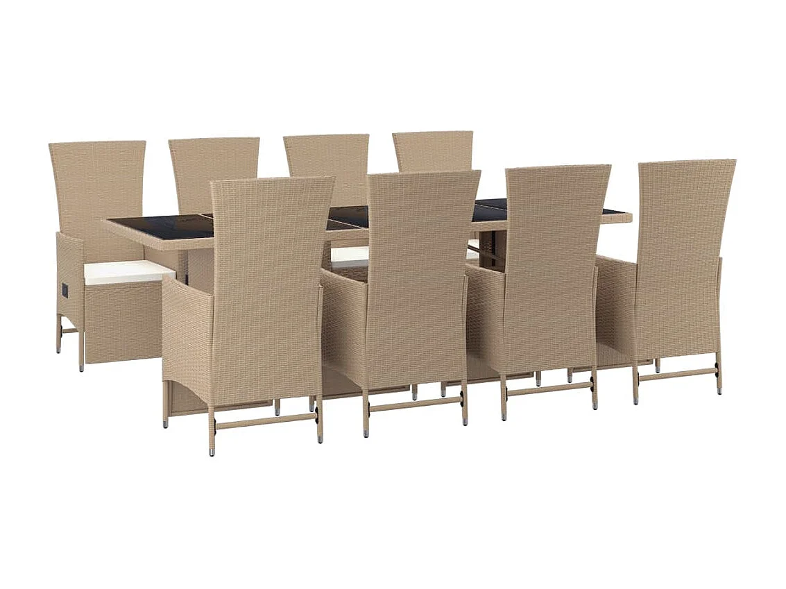 Ensemble à manger de jardin et coussins 9 pièces beige Poly rotin