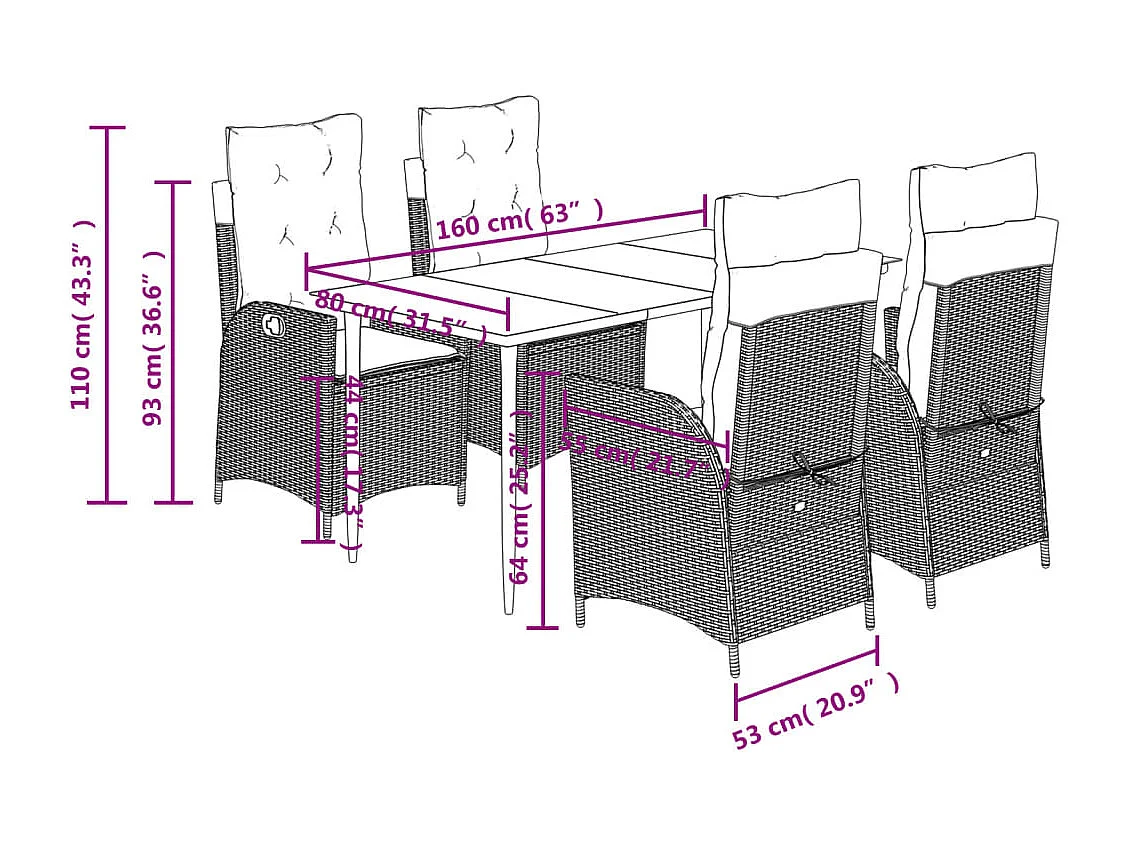Set de muebles jardín 5 piezas con cojines ratán sintético negro
