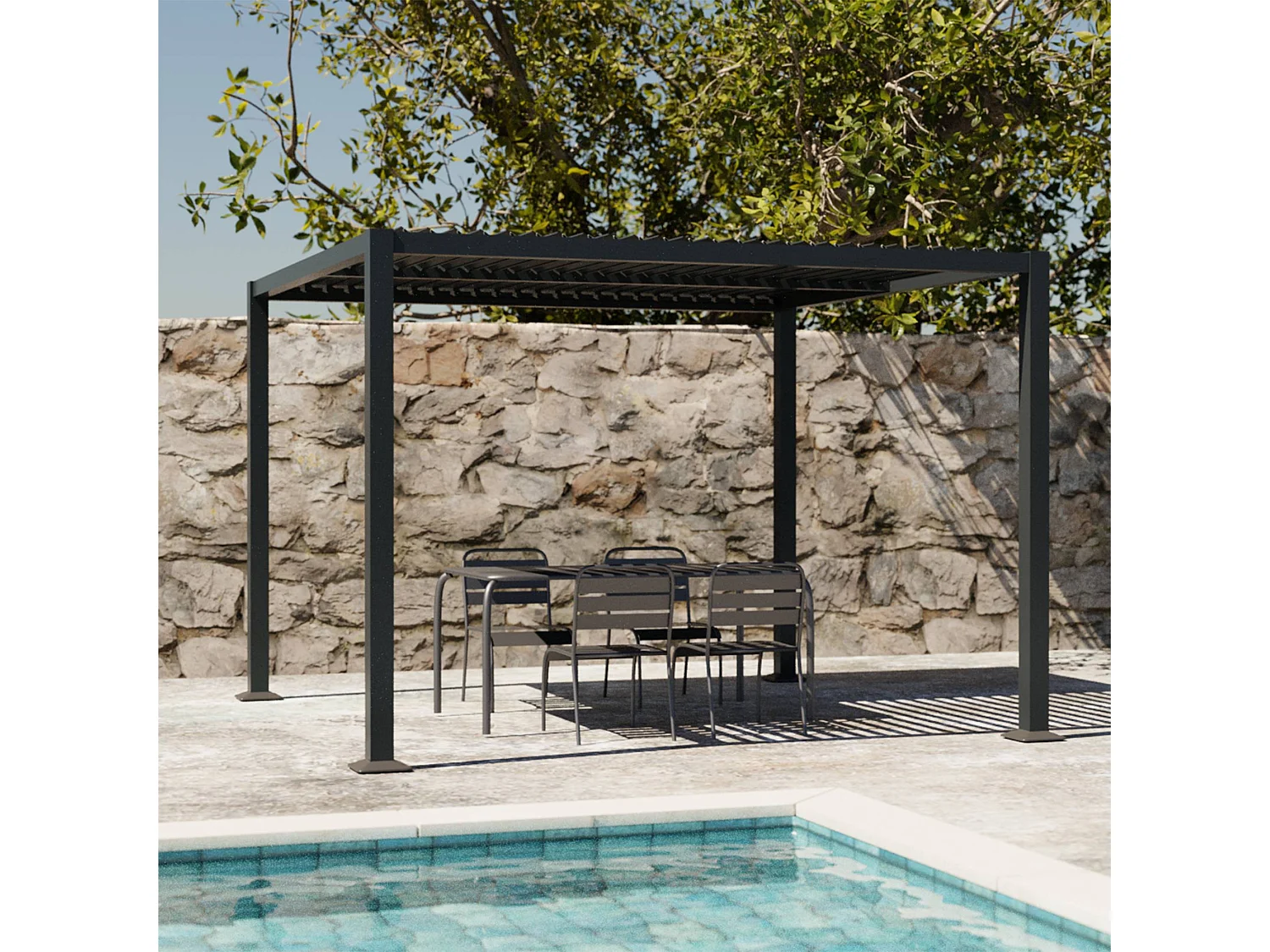 Pergola bioclimatique anthracite. aluminium et acier. 3x3m. lames orientables