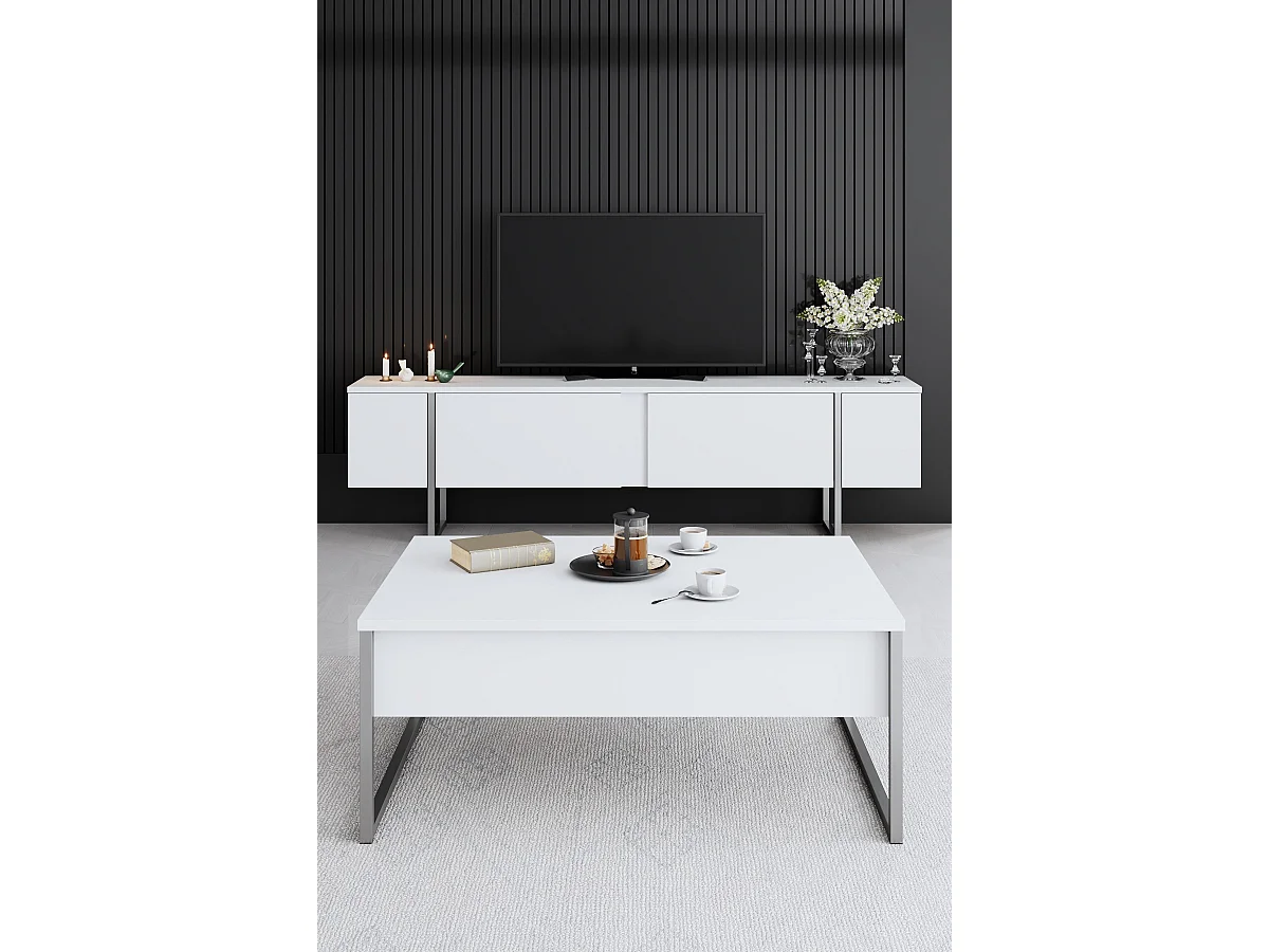 Meuble TV en bois "Luxe" - 180 x 30 x 50 cm - BlancArgent