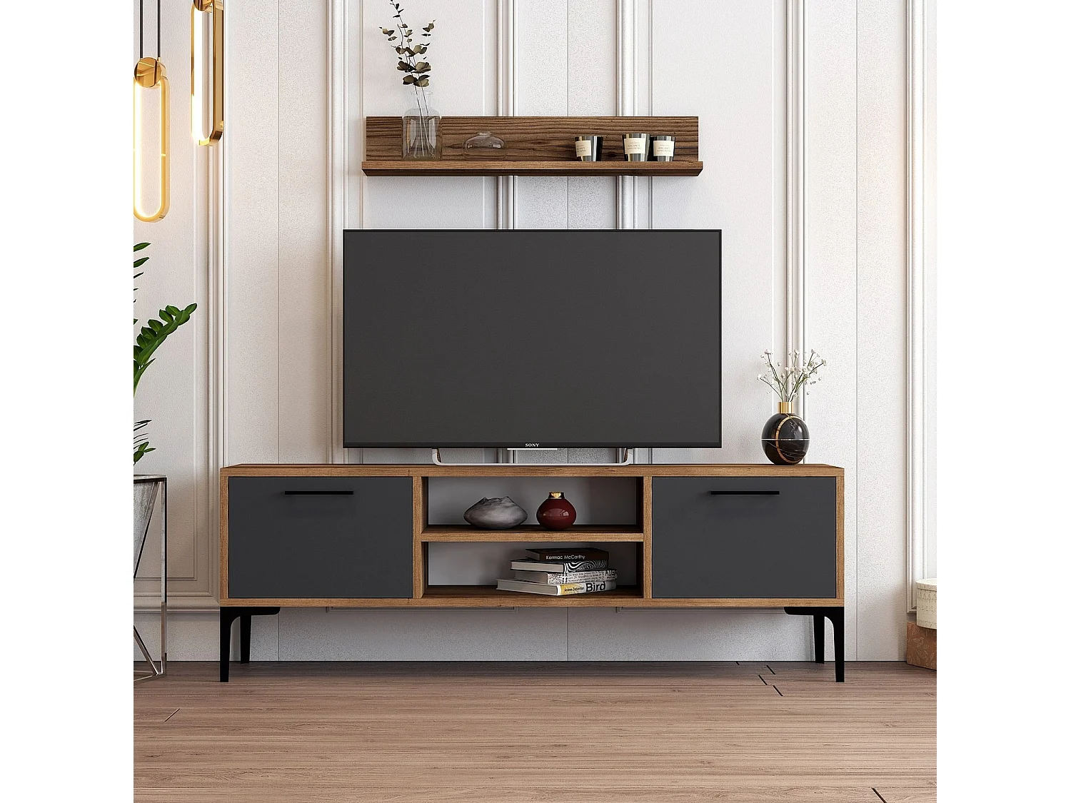 Modern TV-bänk i trä "Riga" - 140 x 30 x 48 cm - Valnöt Antracit - 2 Hyllor, 2 Dörrar