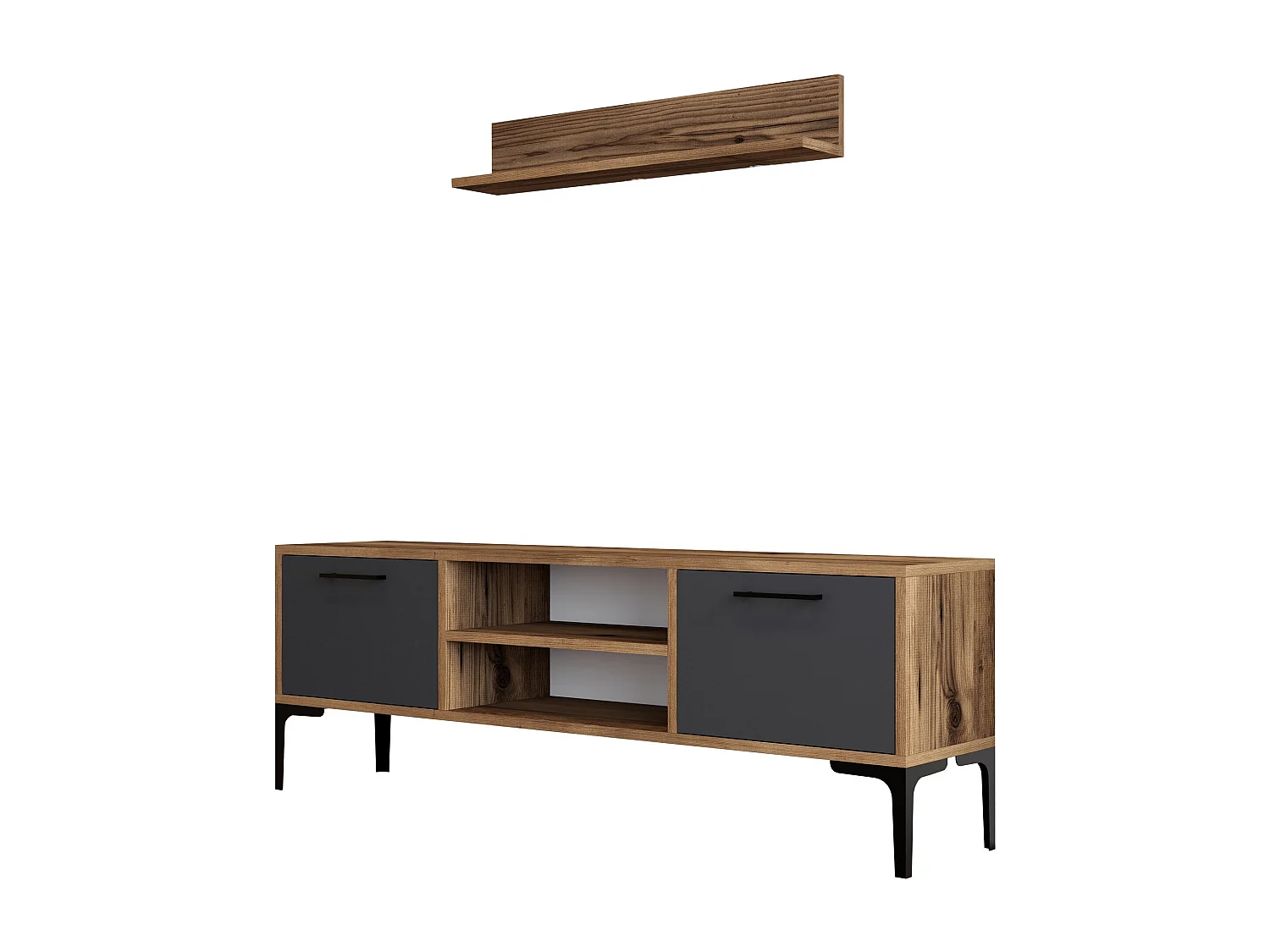 Modern TV-bänk i trä "Riga" - 140 x 30 x 48 cm - Valnöt Antracit - 2 Hyllor, 2 Dörrar