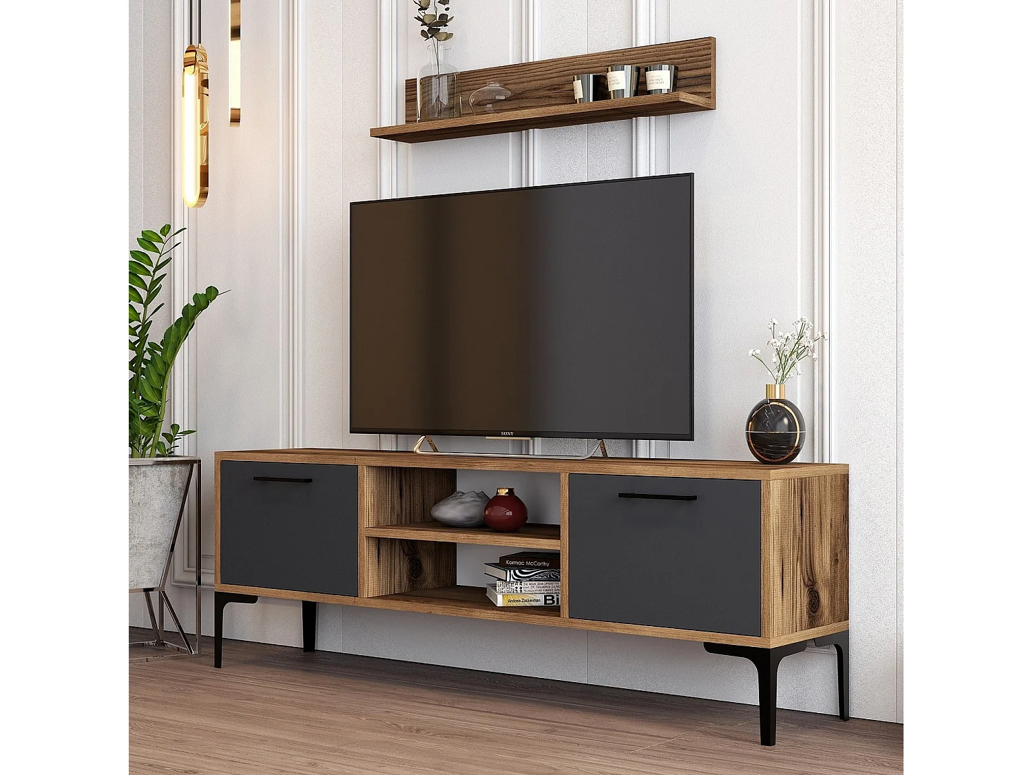 Modern TV-bänk i trä "Riga" - 140 x 30 x 48 cm - Valnöt Antracit - 2 Hyllor, 2 Dörrar