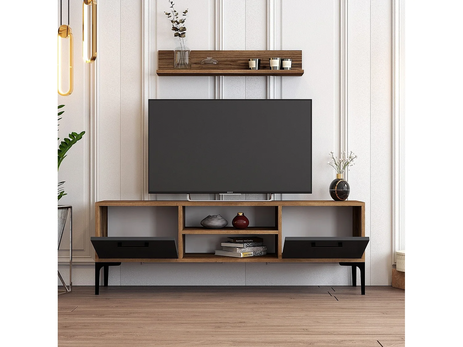 Modern TV-bänk i trä "Riga" - 140 x 30 x 48 cm - Valnöt Antracit - 2 Hyllor, 2 Dörrar