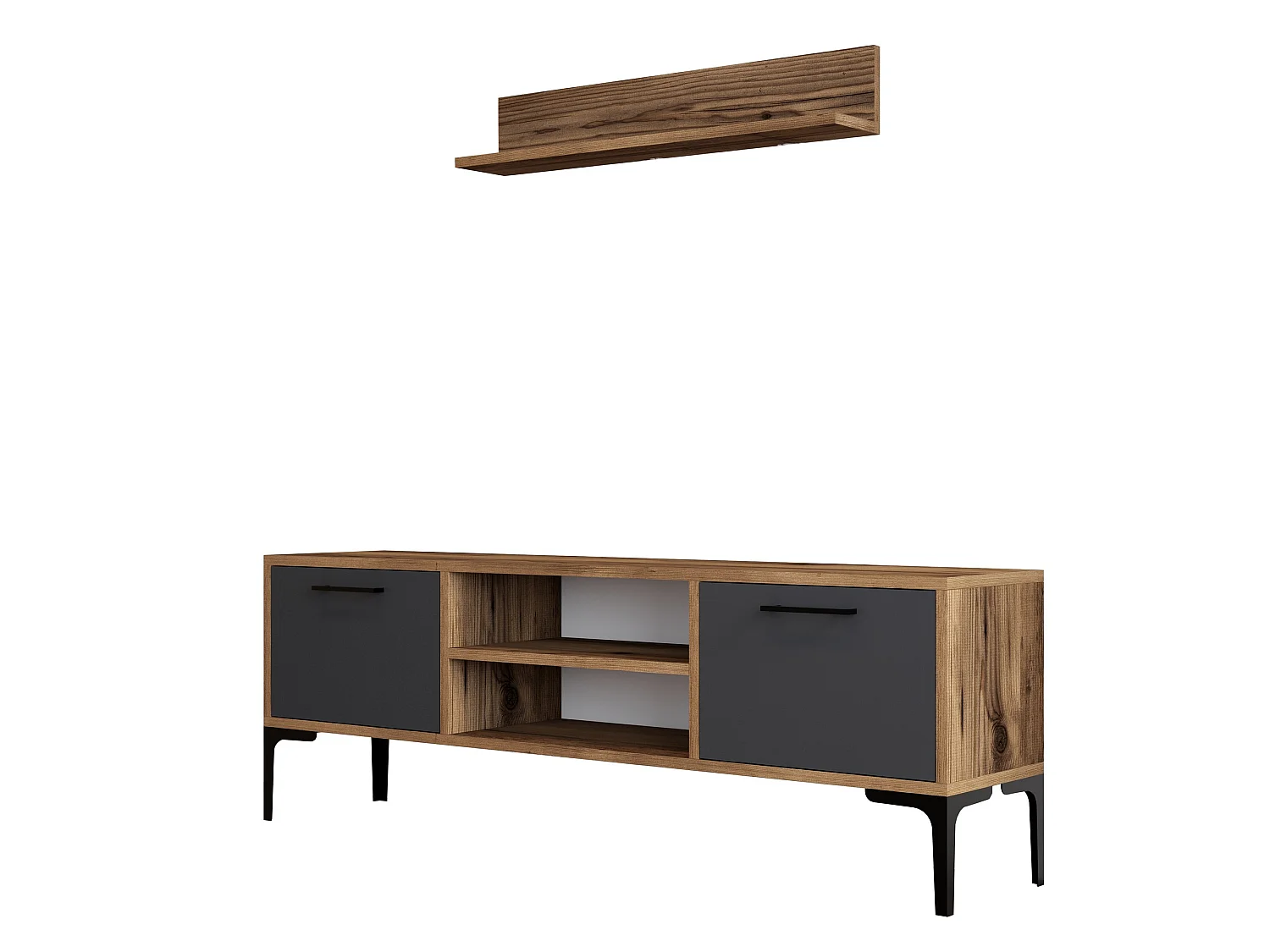 Modern TV-bänk i trä "Riga" - 140 x 30 x 48 cm - Valnöt Antracit - 2 Hyllor, 2 Dörrar