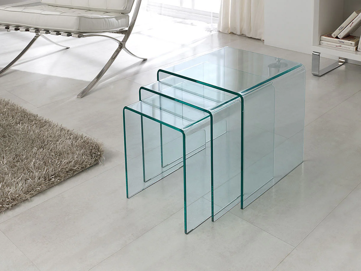 Conjunto de 3 Mesas de Centro Quadradas "Irène" em Vidro Transparente 12 mm - Dimensões 30x30x36 a 42x42x42 cm - Design Empilhável