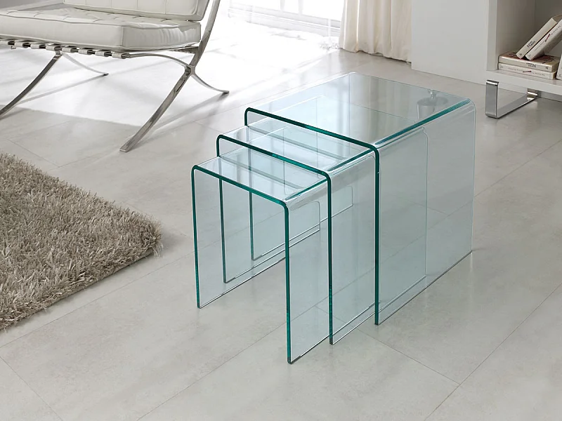 Conjunto de 3 Mesas de Centro Quadradas "Irène" em Vidro Transparente 12 mm - Dimensões 30x30x36 a 42x42x42 cm - Design Empilhável